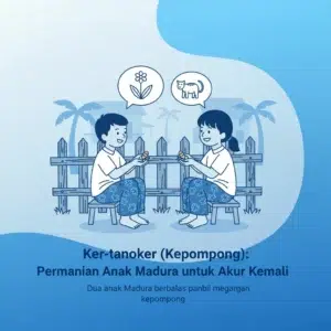 Dua anak Madura berbalas pantun Ker‑tanoker sambil memegang kepompong di pagar kayu