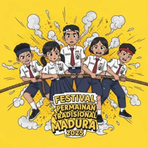 Anak anak SD Sumenep bermain tarik tambang di Festival Permainan Tradisional Madura 2025